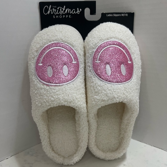 Other - White Slippers with Pink Smiley Face Design